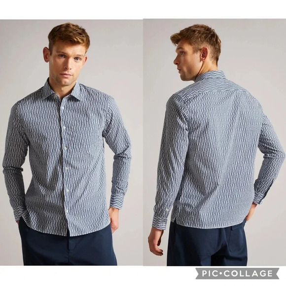 Ted Baker sz 4 (Large) Ruskin Retro Geo Print Cotton Button Down Blue & White - Picture 1 of 6